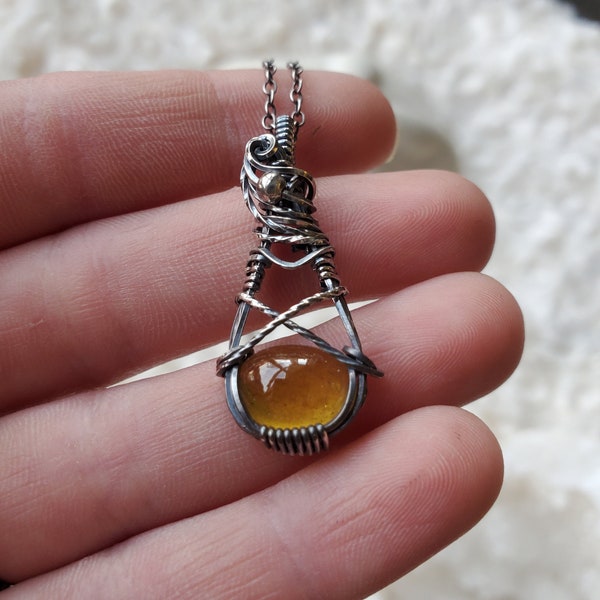 Heliodor mini pendant/ necklace wire wrap in antiqued sterling silver