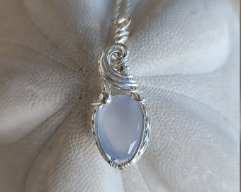 Periwinkle blue chalcedony Facet pendant /wire wrap in Sterling silver