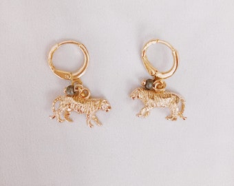 Gold plated 24 carat hoop earrings with pendant / earring with tiger pendant