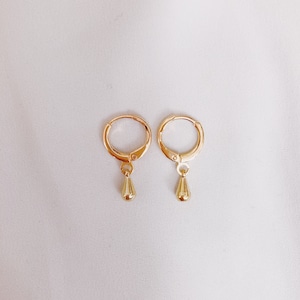 May include: A pair of gold hoop earrings with a teardrop-shaped pendant hanging from each hoop.