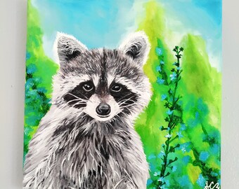 Original, Hand-Painted Acrylic 8x8 Inch Raccoon Painting