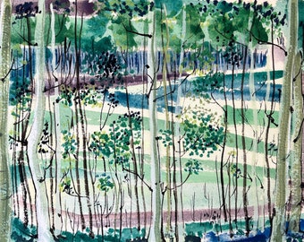 Impressionist Watercolor Painting: Forest Landscape in Green, Purple, and Blue