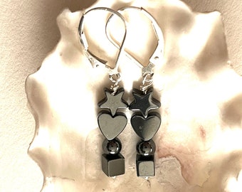 Hematite Dangle Earrings: Sterling Silver Lever Back, Multi-Shape
