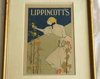Vintage 1896 "Lippincott’s May" Lithograph by William Carqueville, Framed Art Nouveau Print