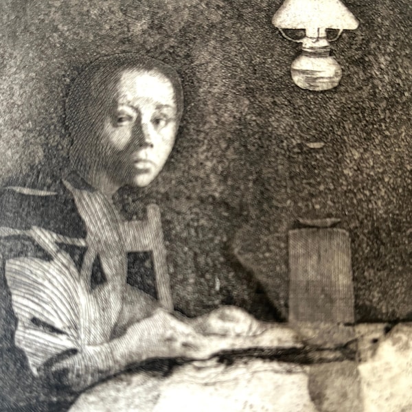 KATHE KOLLWITZ’S  “Self Portrait at the Table” ETCHING c. 1893. Restrike from original plates.  World famous German expressionist artist.