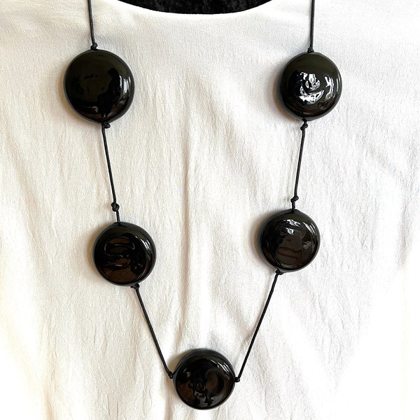 Salviati MURANO GLASS NECKLACE. Five black 2 inch round blown glass beads on 34 inch cotton cord. Signed. Statement piece from Venice, Italy