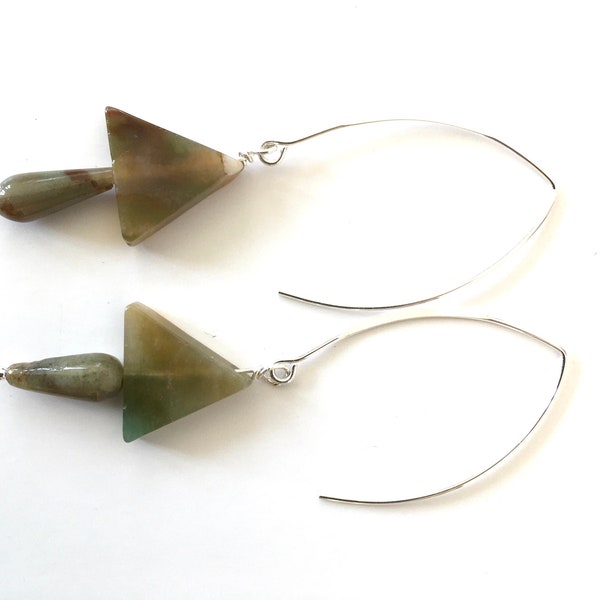 UNIQUE green brown TRIANGLE fancy jasper earring that sits atop ASYMMETRICAL teardrop base. Hang from cool 1.5 h x 1 w inch sterling earwire