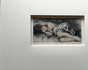 Vintage Raphael Soyer Etching: Sleeping Woman, Hand-Colored Trial Proof