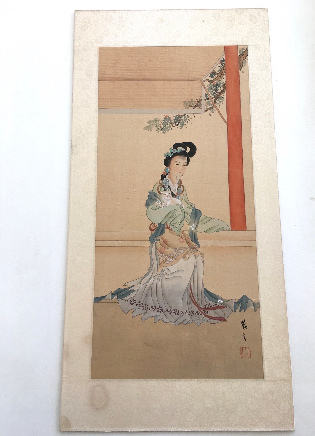 Original Watercolor Painting on Silk of 19th Century Chinese Woman With