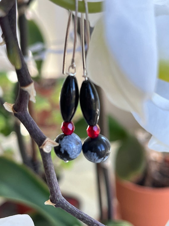 Boucles D'oreilles Pendantes En Argent 925 - Pierre Perle Agrégat Noir & Blanc (obsidienne Neige) - Neuves Sans Emballage