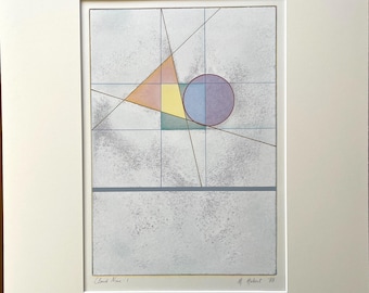 Signed Martha Hubert Monoprint: Geometric Shapes Art, 1988