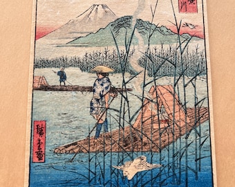 Hiroshige Woodblock Print from 1858 of Mt Fuji and Men Poling Rafts on Sagami River. Bright Colors in 1950s Small Size Ukiyo-e on thin paper