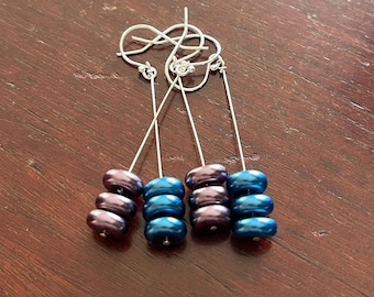 Blue OR Purple Glass Pearl Earrings: Sterling Silver 1.5 inch Drop Earrings. PRICE is for 1 PAIR