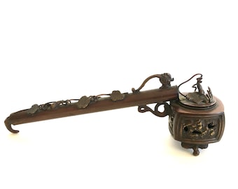 Vintage Bronze Yatate: Japanese Inkwell Brush Holder, Gourd & Vine Decor