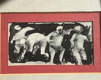 Sidney Hurwitz lithograph SIGNED and DATED 1962 of bodies in motion. Double MATTED 12w x 9h. Listed artist and award winning printmaker.