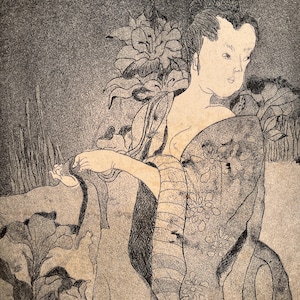 May include: A black and white etching of a woman in traditional Japanese attire. The woman is depicted with a serene expression, surrounded by stylized floral and plant elements. The artwork has a vintage aesthetic.