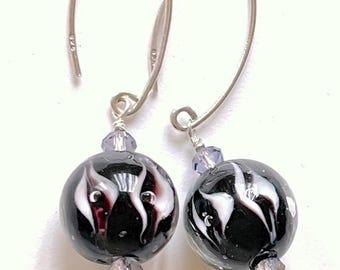 Artsy Black GLASS EARRINGS with Swirls of White and Purple Drop 1 inch on Sterling Silver Ear Wires .5 W x 1 H inches.