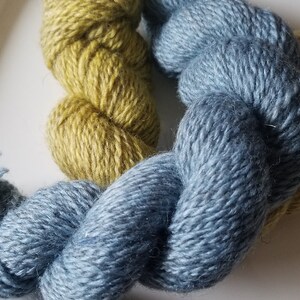 May include: Close-up of two skeins of yarn. One is a muted yellow-green, and the other is a dusty blue. The yarn is tightly wound, showing the texture of the fibers. Ideal for knitting, crocheting, or other fiber arts projects.
