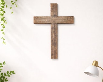 Cruz de pared rústica de madera hecha a mano, decoración de roble rojo terroso