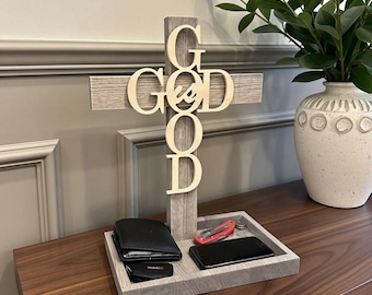 God is Good On houten rustiek eiken kruis met opbergvak Christian Organizer op geloof gebaseerd nachtkastjedecor