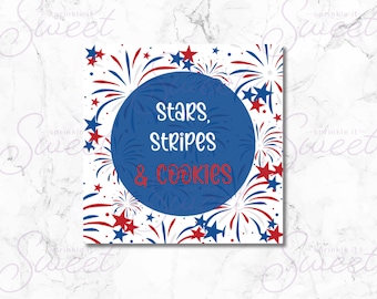 4 luglio, download digitale di etichette regalo patriottiche: stelle, strisce e biscotti con fuochi d'artificio e stelle