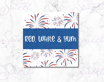 4 luglio, download digitale dell'etichetta regalo patriottica: rosso, bianco e Yum con fuochi d'artificio