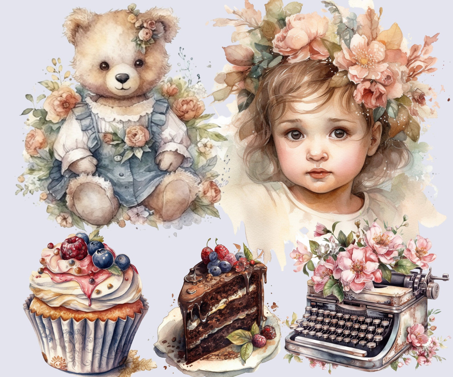 Cars Vintage Clipart Victorian Flower PNG Pastel Watercolor Bundle