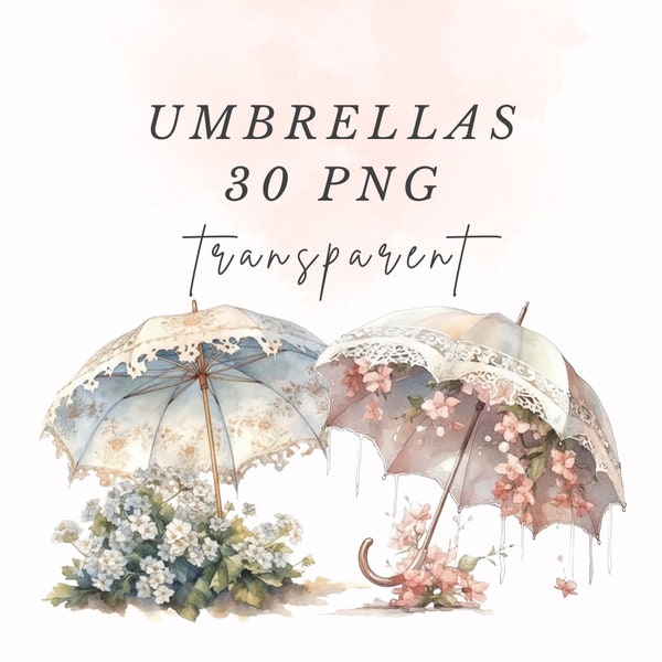 30 vintage victorien Clipart Parapluie Fleur PNG | Paquet d’aquarelle pastel | Journal indésirable Scrapbook | utilisation commerciale 300 dpi