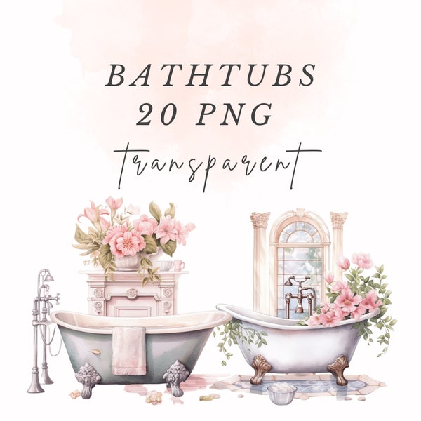 20 Victorian Vintage Clipart Bathtubs Flower PNG | pastel Watercolor Bundle | Scrapbook Junk Journal | 300dpi commercial use