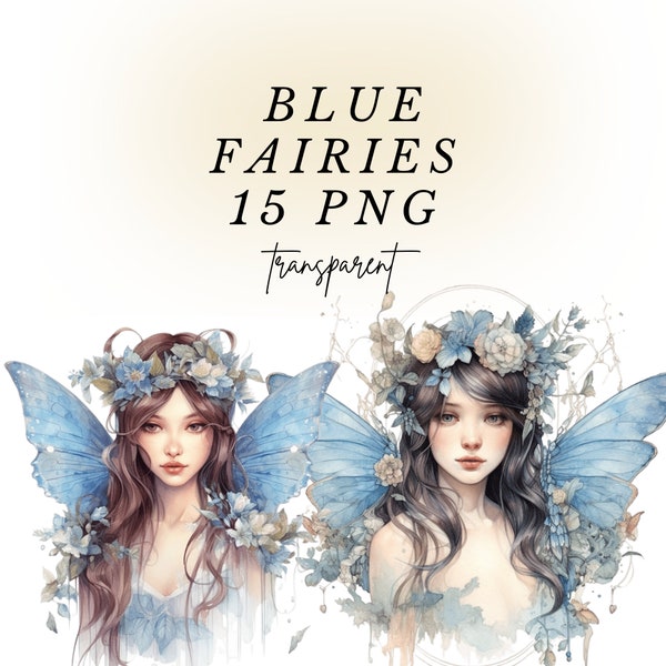 Cute Blue Fairy Watercolor Clipart 15 Transparent PNG | Fantasy Fairytale For Scrapbook, Junk Journal, Nursery | Commercial use