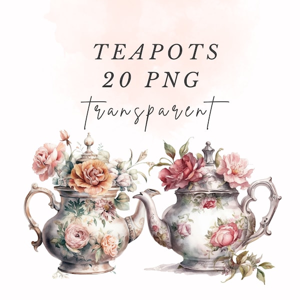 20 Victorian Vintage Clipart Teapots Flower PNG | pastel Watercolor Bundle | Scrapbook Junk Journal | 300dpi commercial use