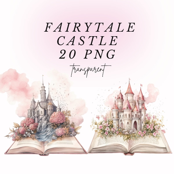Whimsical Fairytale Castle Books Watercolor Clipart 20 Transparent PNG | For Scrapbook, Junk Journal, Nursery | 300dpi commercial use