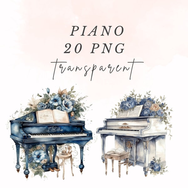 20 Victorian Vintage Clipart Piano Flower PNG | pastel Watercolor Bundle | Scrapbook Junk Journal | 300dpi commercial use