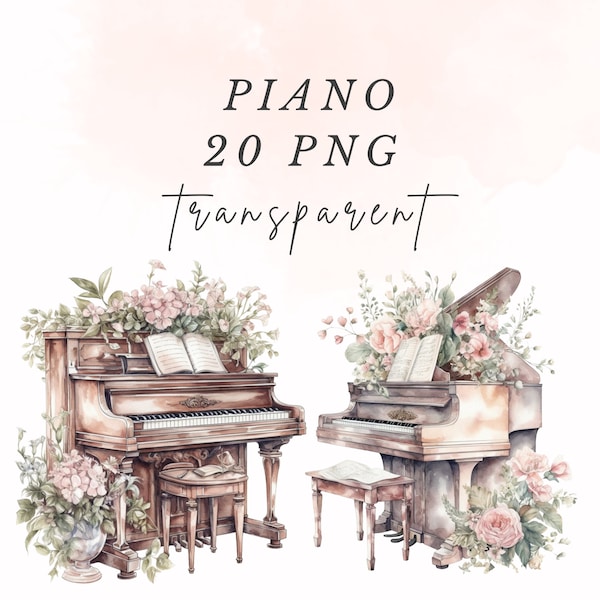 20 Victorian Vintage Clipart Piano Flower PNG | pastel Watercolor Bundle | Scrapbook Junk Journal | 300dpi commercial use