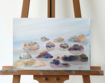Original Watercolor Seascape Painting: Island Horizon Coastal Wall Art