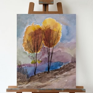 11x14 Fall Landscape Watercolor Painting – Abstract Modern Nature Artwork, Golden Tree Wall Art for Living Room, Office, Contemporary Home