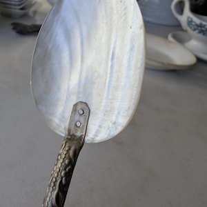 May include: A vintage serving spoon with a large, oval, mother-of-pearl bowl and a decorative, textured metal handle. The handle is riveted to the bowl. The spoon is likely used for serving food.