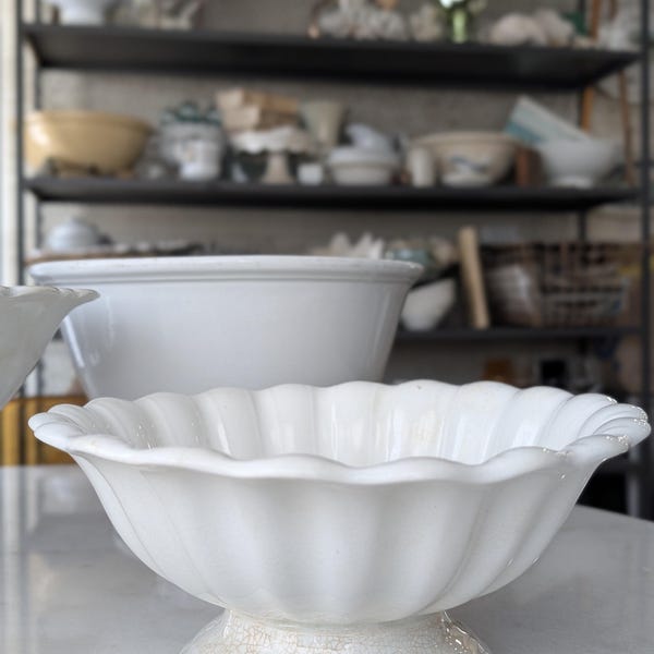 Antique French Ironstone Pedestal Compote Bowl | 19th Century White Ironstone Centerpiece | Urban Farmhouse Decor