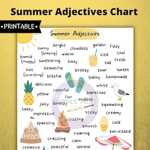 Grafiek met zomerse bijvoeglijke naamwoorden, zomer, zomerse bijvoeglijke naamwoorden, verhalen schrijven, schrijfprompts, dagboek bijhouden, alfabetisering, taalkunst, thuisonderwijs