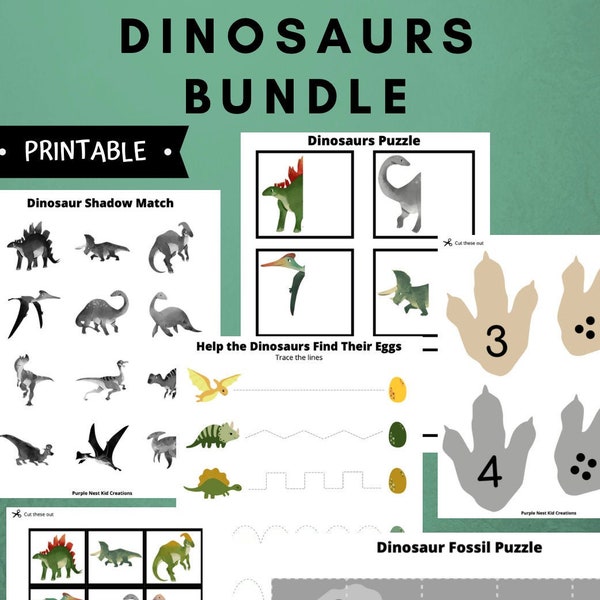 Dinosaurs Printable Bundle, Dinosaur Bones, Prehistoric, Matching, Counting, Tracing, Educational Preschool Printable Activity, Toddler