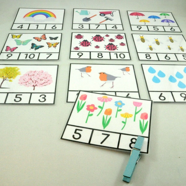 Spring Count and Clip Cards, Numbers, Counting, Math, Busy Bag, Spring, Seasonal, Fine Motor Skill, Educational Preschool Printable Activity