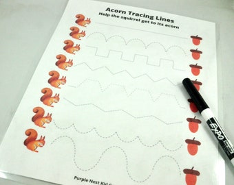 Acorn Tracing Lines Activity: Squirrel Pre-Writing Practice (Digital Download)