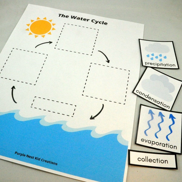 The Water Cycle Worksheet, Water Life Cycle, Rain, Raindrops, Spring, Fall, Educational Preschool Printable Activity, Homeschool, Preschool