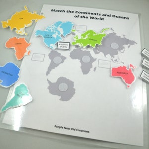 Mini paquete Continentes y Océanos del Mundo, Juego de correspondencias, Animales, Continentes, Actividad educativa imprimible, Educación en el hogar, Carpeta ocupada