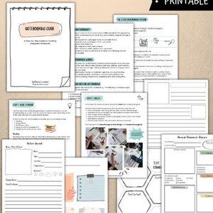 May include: A collection of printable pages titled NOTEBOOKING GUIDE, featuring instructional text, step-by-step methods, and various templates including a nature journal, animal research report, and graphic organisers with hexagonal and box layouts.