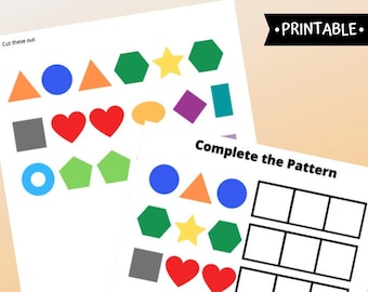 May include: Printable worksheet for kids to complete a pattern with different colored shapes. The shapes include a star, heart, circle, square, triangle, pentagon, and rectangle. The worksheet has the text "Complete the Pattern" and "Purple Nest Kid Creations".