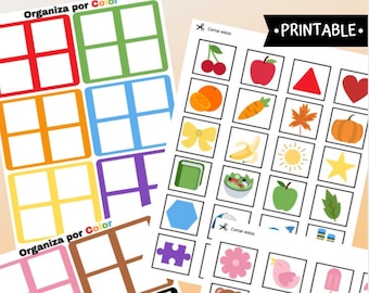 May include: Printable activity sheet with two sets of sorting grids and a sheet of colorful images to cut out. The grids are labeled "Organiza por Color" which translates to "Organize by Color". The images include a variety of shapes, colors, and objects.