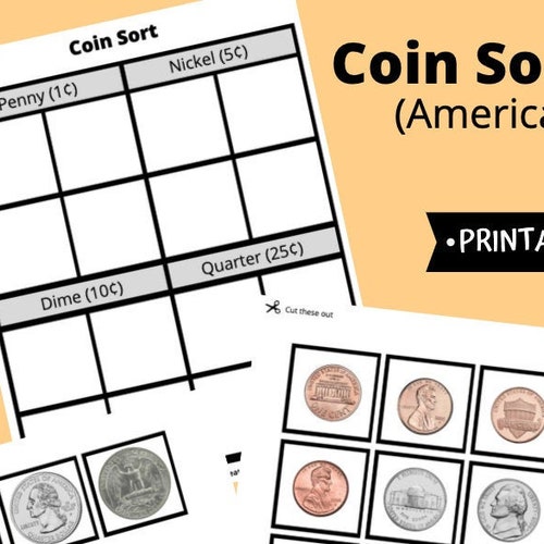 Coin Sort Worksheet American Coins Sorting Game Educational Etsy
