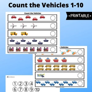 Count the Vehicles Worksheet,  1-10 Numbers, Counting Game, Educational Preschool Printable Activity, Homeschool Game, Toddler, Busy Binder