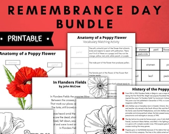 Remembrance Day Bundle, Remembrance Day Unit Study, Veterans Day, Poppy Day, Poppy Anatomy, Literacy, Educational Printable, Homeschool